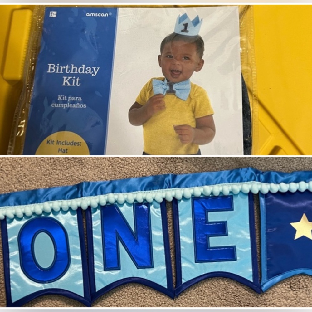 Party City 1st Birthday Blue & Gold Banner + Hat/Tie/Bloomers Outfit